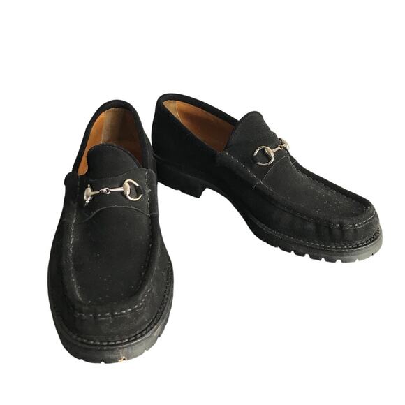 Gucci Horse Bit Suede Loafer Womens Size 10 Black Chunky Heel Slip On